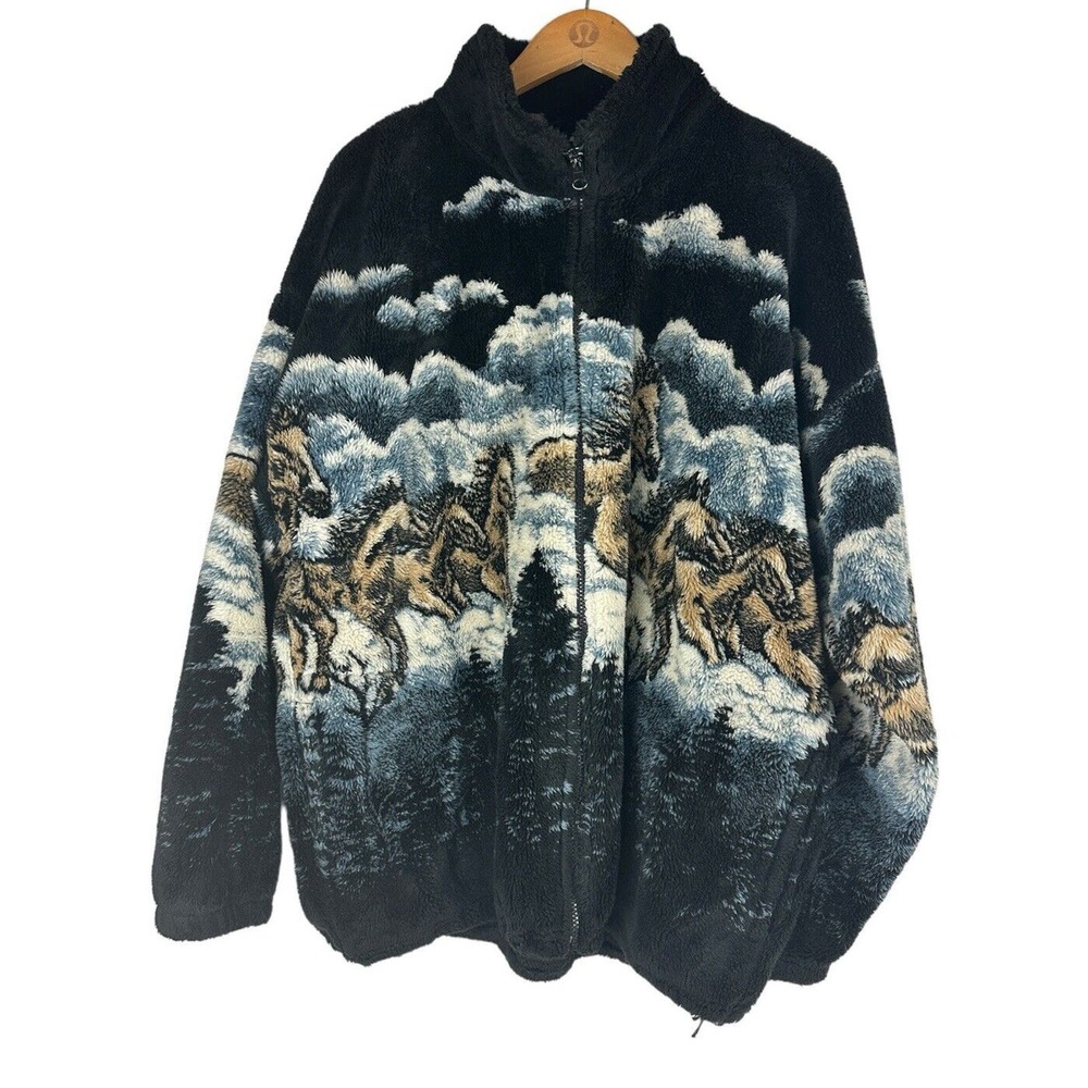 Vtg Mazmania Horse Fleece Sherpa Coat Multicolor Full Zip USA Made Equestrian XL - Picture 2 of 10